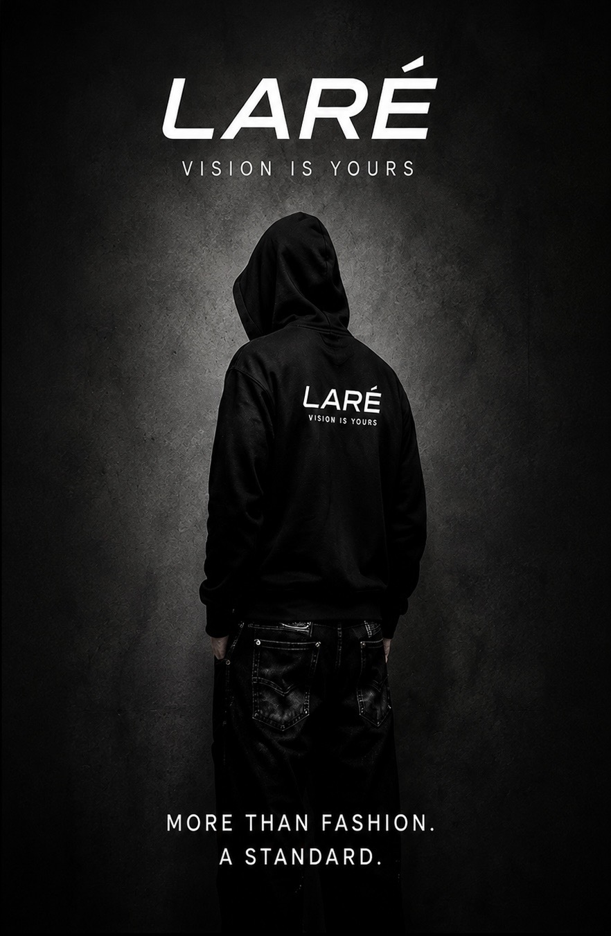 LARÉ Editorial: Model in schwarzem LARÉ Hoodie vor Betonwand