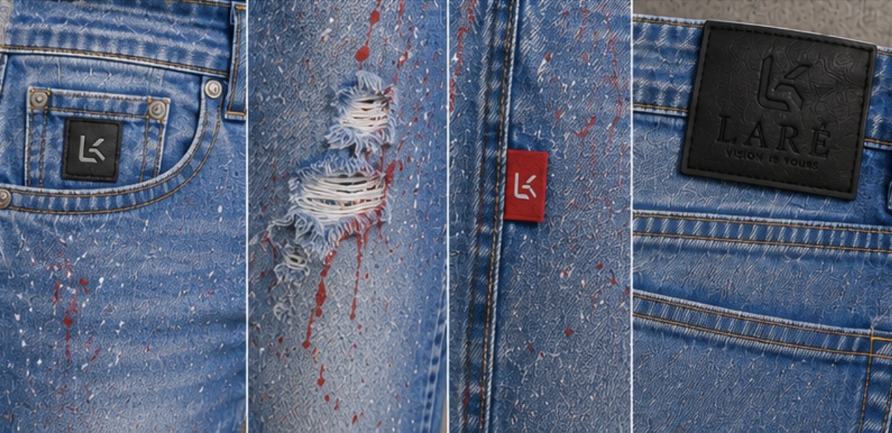 Detailaufnahme der LARÉ Paint Destroy Jeans: Tasche, Destroy-Effekt, rotes Side-Label und Back-Label